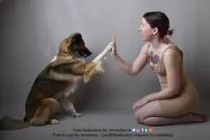 A white woman sitting on her knees, giving a high five to a sitting dog.