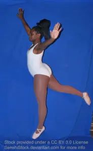 A Black woman wearing a white leotard, leaping through the air, one leg extended behind her.