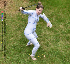 Thin white woman wearing a form-fitting zentai suit (full body outfit with lines to help with perspective), seen from above as she's standing with a sword and shield as if ready to fight or defend herself from an oncoming attacker.