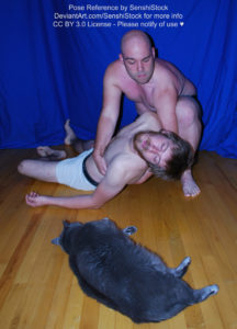 Two white men with boxers, one is collapsed on the ground, as the other is crouched and holding up the torso of the other. A surprise cat also makes an appearance.