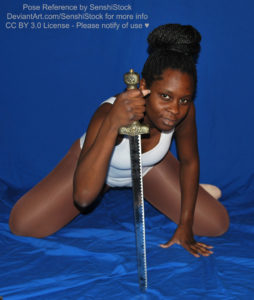 Thin black woman wearing a white one piece skin-tight bodysuit is relaxed on the ground on her knees, legs behind her, unseen. One hand is down holding up her weight, the other is piercing a long dagger/short sword into the ground as she's looking at you with a smile.
