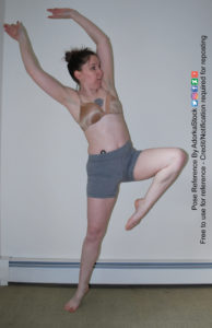 Thin, white, female pose reference model with one knee lifted up dramatically to the side with hands up overhead facing off to the right