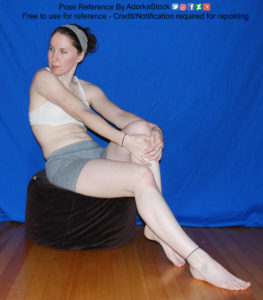 Thin, white, female model sitting with one leg out, the other bent, hands wrapped around the raised knee. The model is looking over her shoulder off to the left.