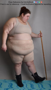 pose reference of a fat, white, female model in profile, wearing boots, kicking out a foot with a staff in one hand