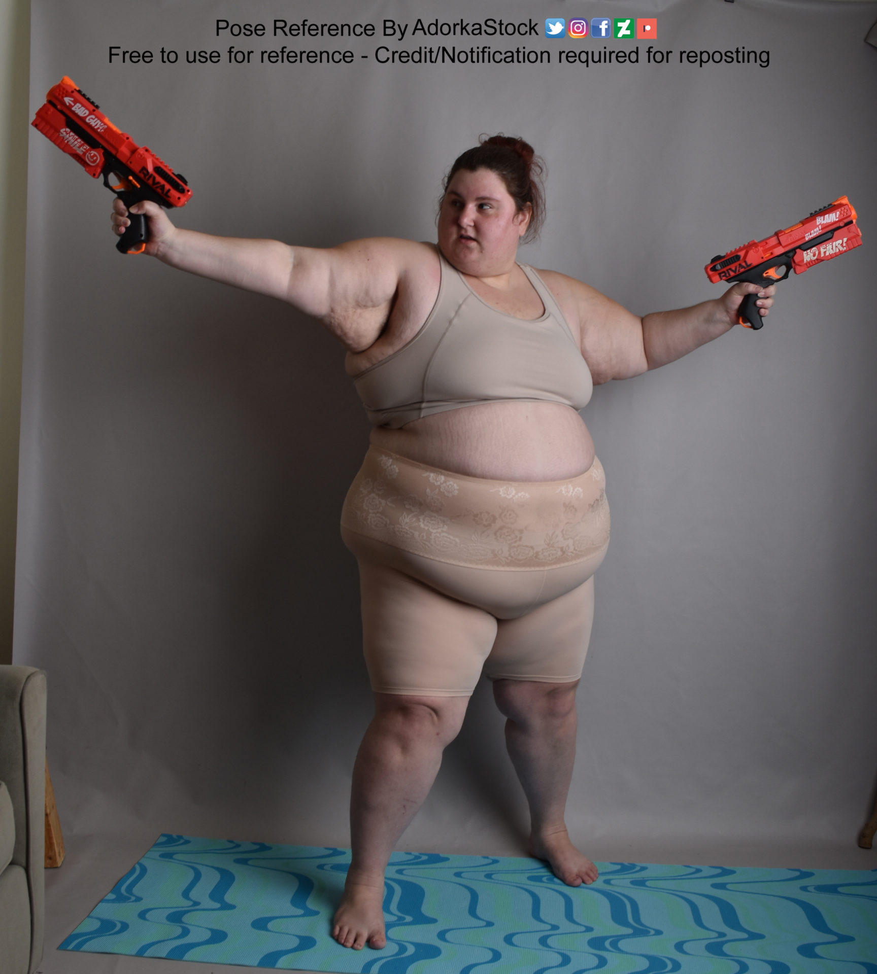 fat, white, female pose reference model in an open footed stance with two nerf guns pointed in opposite directions