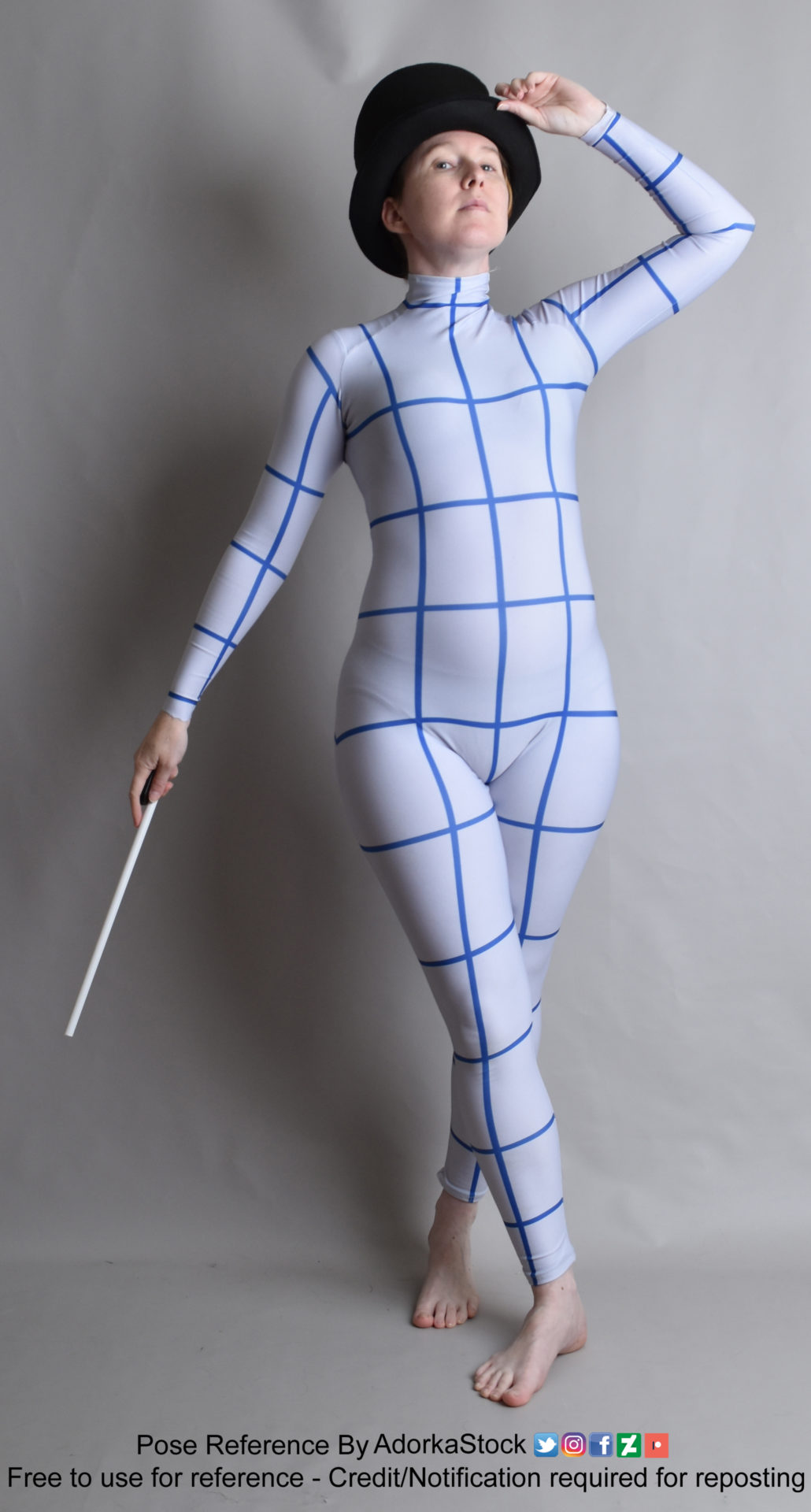 pose reference of a figure in a grid suit with a top hat and wand, one leg crossed in front taking a step with one hand tipping the hat up