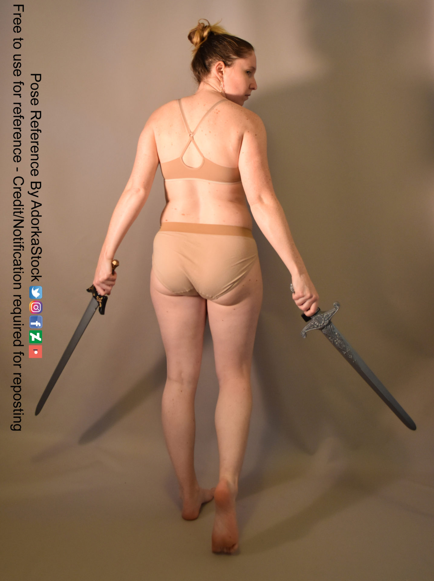 white female pose reference model walking away from the back with two swords out to the side, looking over the shoulder