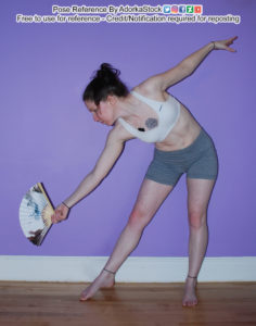 Thin, white, female pose reference model in a dancing pose holding a fan