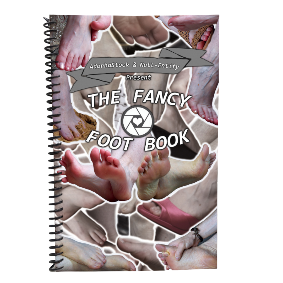 A spiral bound book with multiple photos of feet on it. It says "Adorkastock & Null-Entity present: The Fancy Foot Book."