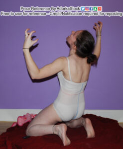 Thin, white, female pose reference model in back facing, kneeling pose with arms up, hands in clawlike shapes, head back, yelling at the sky.