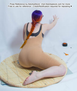 Thin, white, female pose reference model in sitting pose with back to the camera, reaching away into the distance.