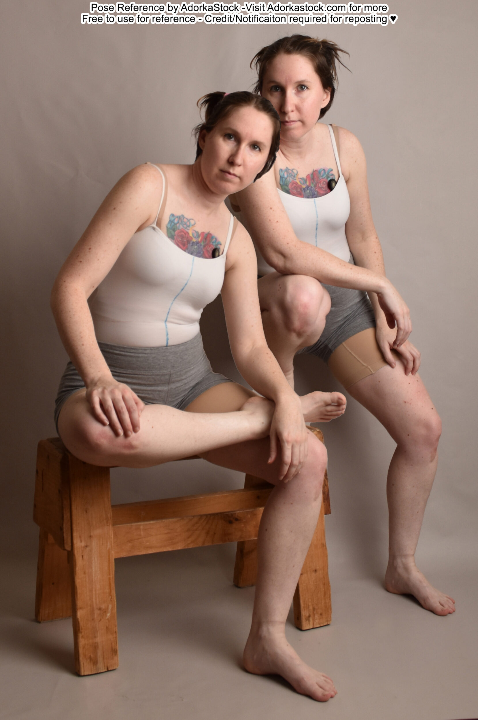 Two thin, white, female pose reference models in sitting, relaxed poses with very serious and slightly judgmental eye contact.