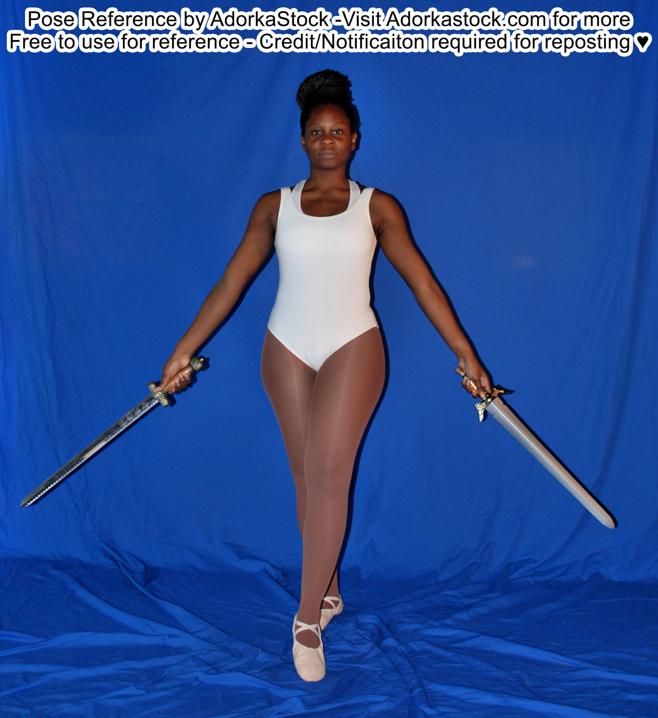 Thin, Black, female pose reference model in standing pose with a sword held out to either side.