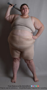 fat, white, female pose reference model in standing pose with a sword over her shoulder