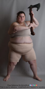 fat, white, female pose reference model in standing pose with an ax