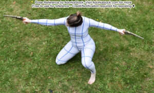 thin, white, female pose reference model in grid suit, in a kneeling pose from a high perspective with a revolver aimed out to both sides