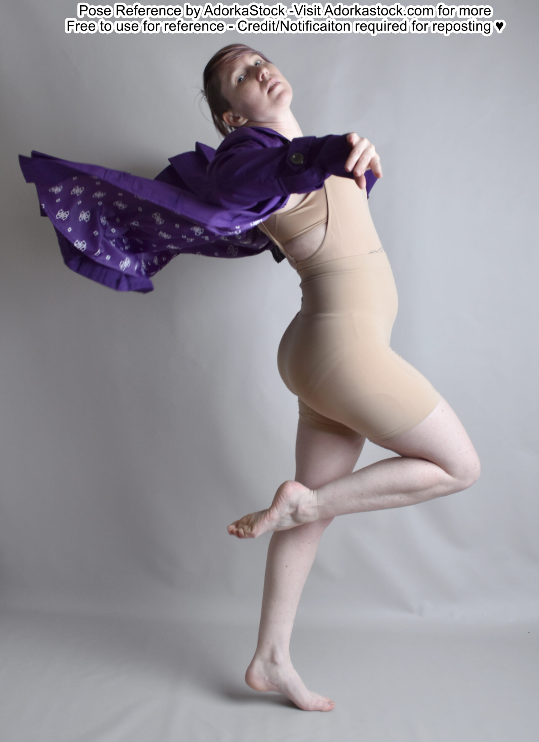 thin, white, female pose reference model in dynamic turning pose with coat flaring out, one leg lifted