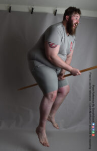 fat, white, male pose reference model in broom flying pose