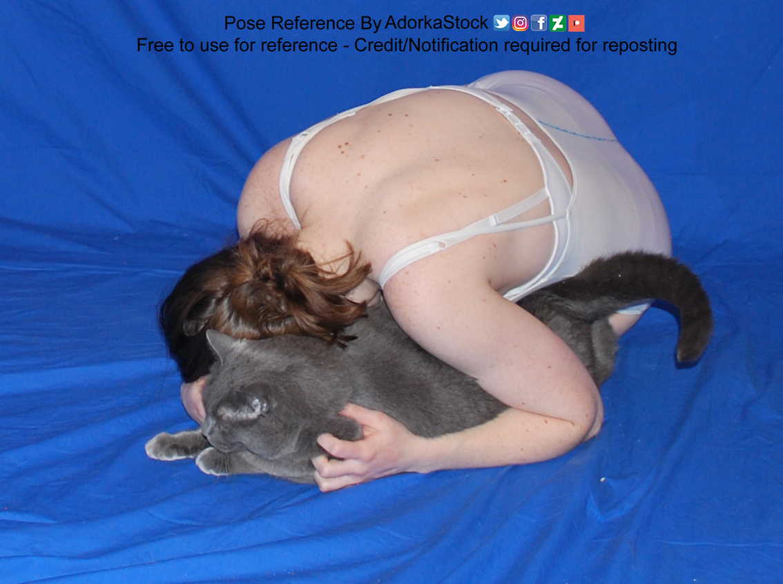 thin, white, female pose reference model in kneeling pose wrapped around a large gray cat