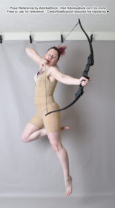 archer pose reference with bow drawn, leaping in the air