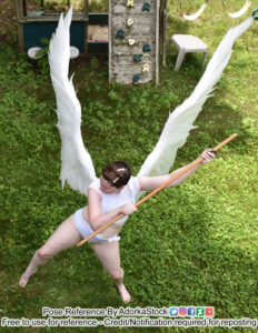pose reference of a thin, white, female model from a high perspective; she's got huge wings and she's holding a staff with a dynamic lean as if to strike