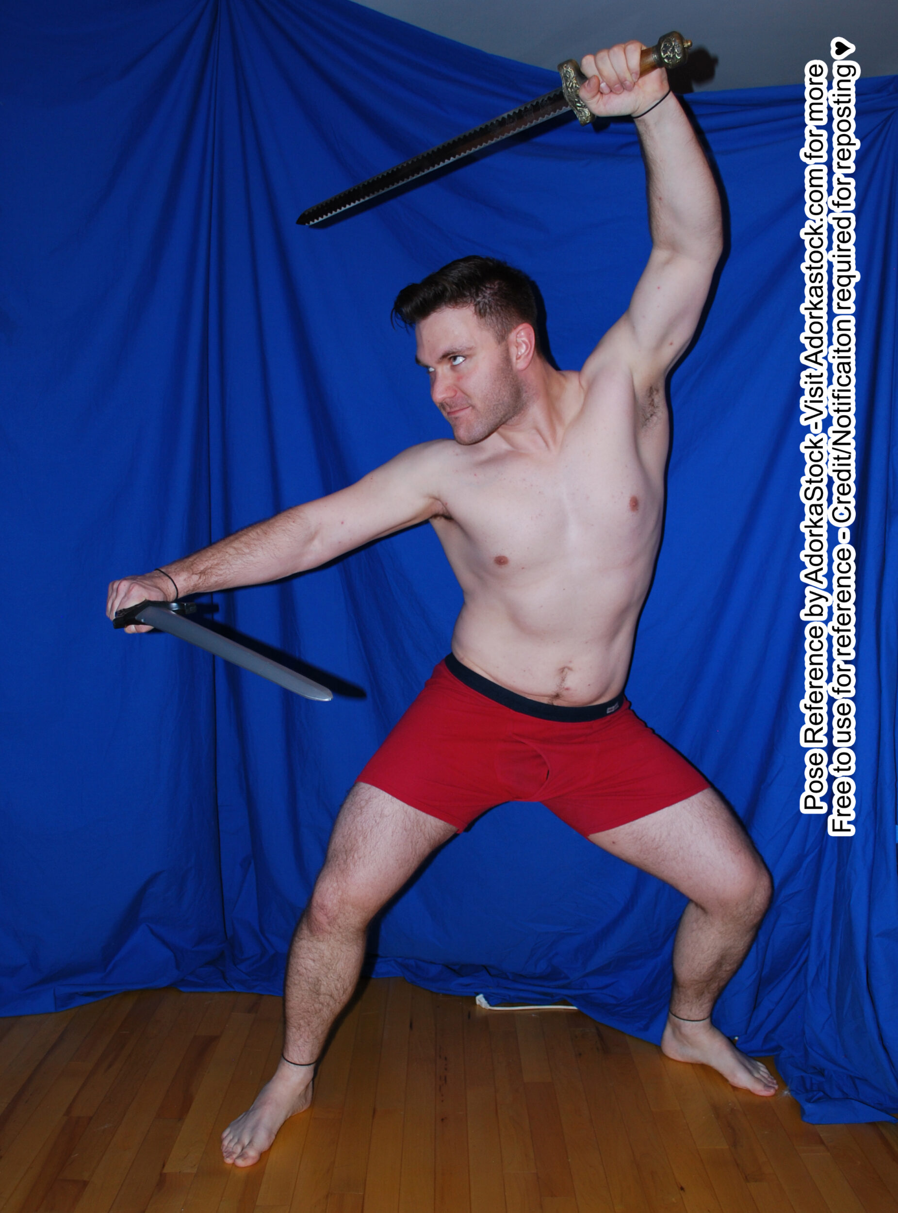 Strong male pose reference model holding two swords, one ahead of her and one overhead