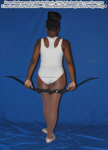 Pose reference model facing away holding a bow behind her