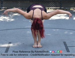 pose reference model bending forward with head towards the camera, arms out to the side elegantly