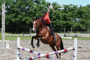 Horse and rider jumping; the rider has one arm up with a staff in his hand.