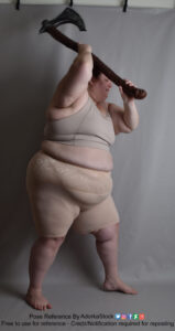 fat, white, female pose reference model turned slightly away while swinging an ax down