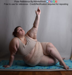 Fat white female pose reference model reclined on the floor with one arm raised to the sky