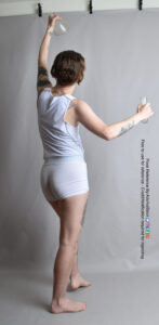 thin nonbinary pose reference model facing away holding an beaker above their head