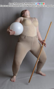 pose reference model holding a large orb and a staff, head way back
