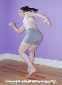 thin white female pose reference model turing in a dynamic spin mostly back facing