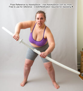 fat white female pose reference model leaning forward pulling a katana from its sheath