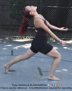 Fit, Asian, female pose reference model in a lunge with hands out in front, palms up, head back