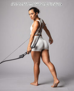 Fit Latina model facing mostly away as if walking. She's holding an archery bow one the hand closest to the camera and looking back over her shoulder.