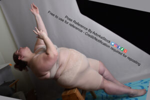 Fat white female model reclined, reaching upward