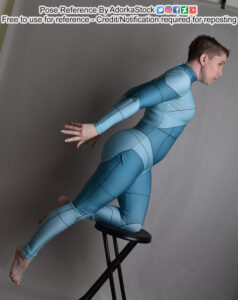 Pose reference model in a grid anatomy suit in a dynamic flying pose in profile with one knee raised and the other pointed back, her arms were behind her