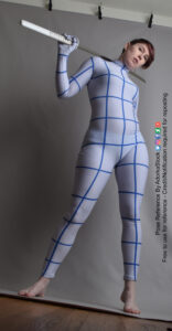 pose reference model in a grid suit shot from a low angle with a katana over one shoulder