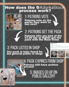 Dark grey graphic that reads "How does the AdorkaStock process work?" Followed by: 1: Patrons vote. Patrons vote on the packs they want to see next! 2: Patrons get the pack. Patrons who are part of the $3 tier or higher get the pack with the most votes. 3: Pack listed in shop. The pack is later listed for the general public in shop. 4: Pack expires from shop. Patrons still have archive access. 5: Images go up on public gallery.
