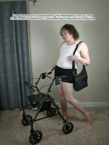 A model holding a bag on one shoulder and using a rollator to walk