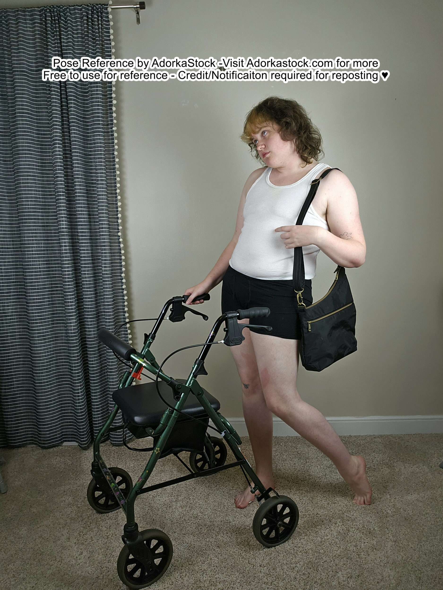 A model holding a bag on one shoulder and using a rollator to walk