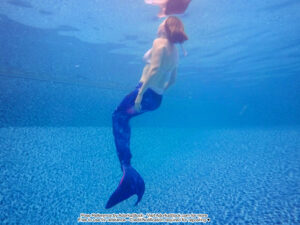 an underwater photo of a person wearing a mermaid tail mostly turned away floating up to the surface