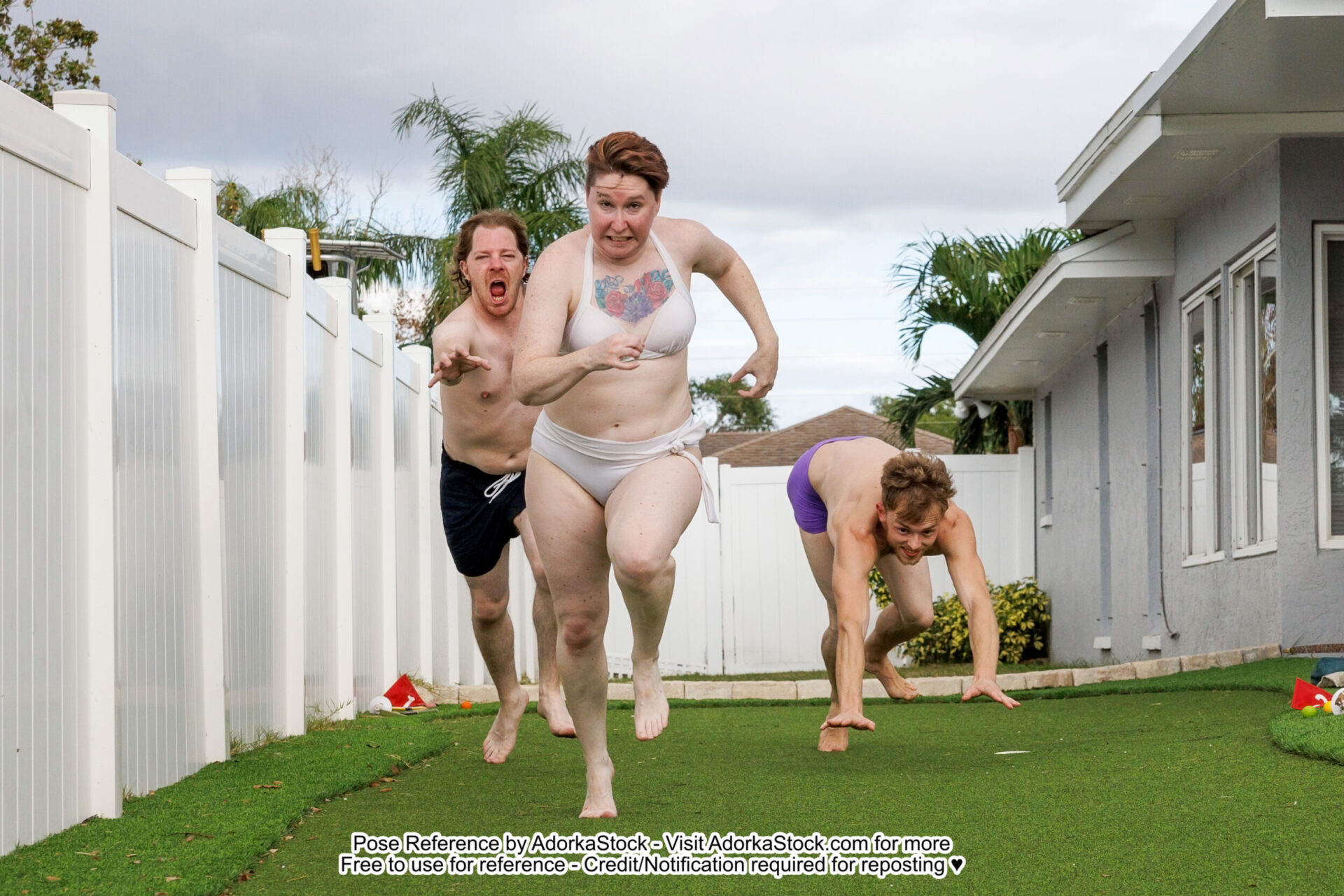 Three pose reference modeling actively moving towards the camera, two are running with fear and one is running on all four limbs
