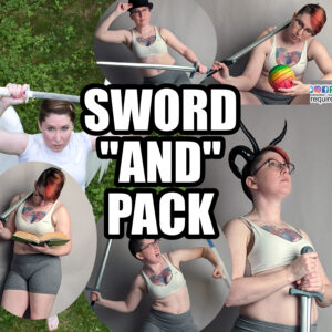 Multiple images of a white woman wielding a sword. Text over top reads "Sword 'and' pack"