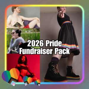 2026 Pride Fundraiser Pack featuring multiple people in poses surrounded by a rainbow frame